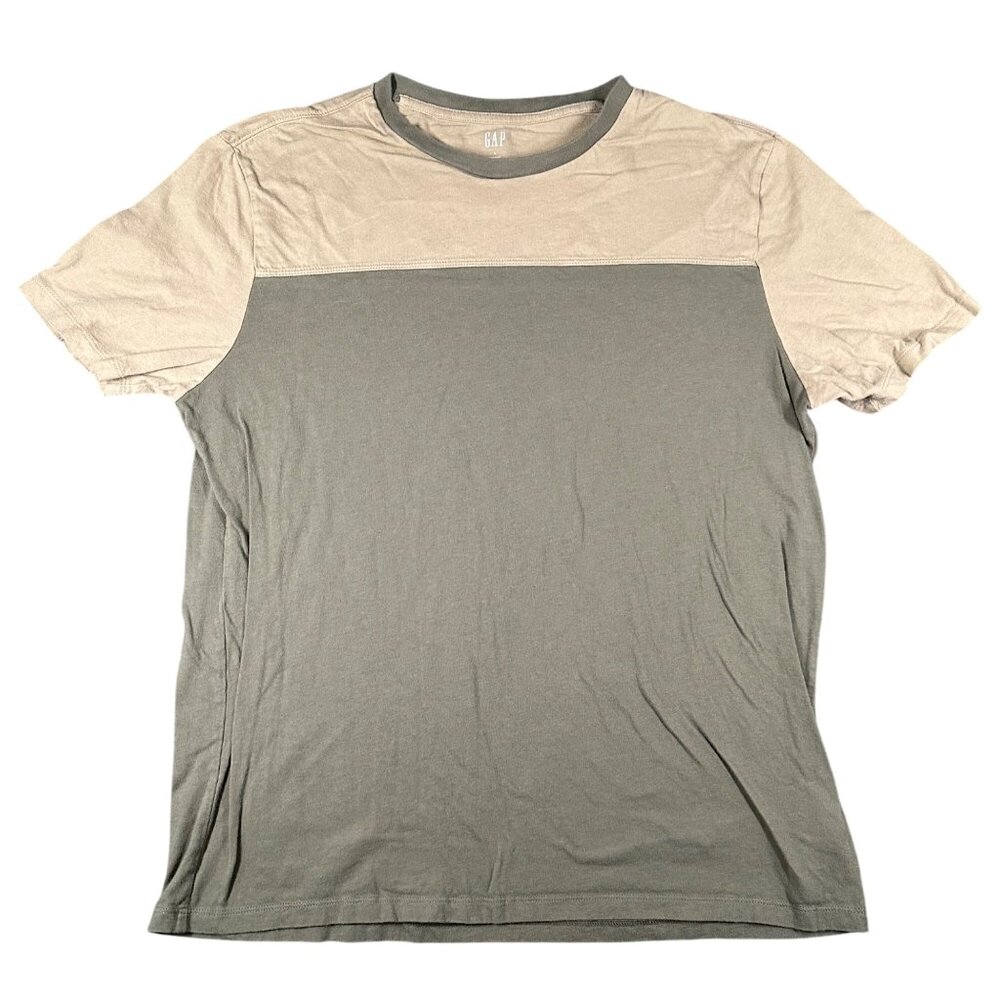 GAP Mens L Mesculen Green‎ Tan Colorblock Crew Neck Short Sleeve Tee T-shirt